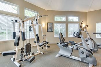 A home gym with a variety of equipment including a treadmill, stationary bike, and weight machines.